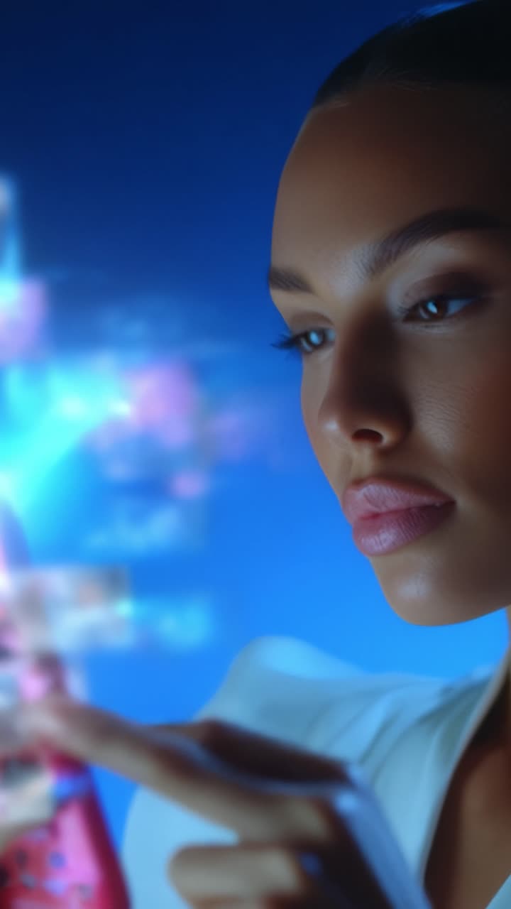 Un primo piano di una donna con un'interfaccia digitale innovativa, che cattura la fusione perfetta tra tecnologia e interazione umana in un ambiente ad alta tecnologia.