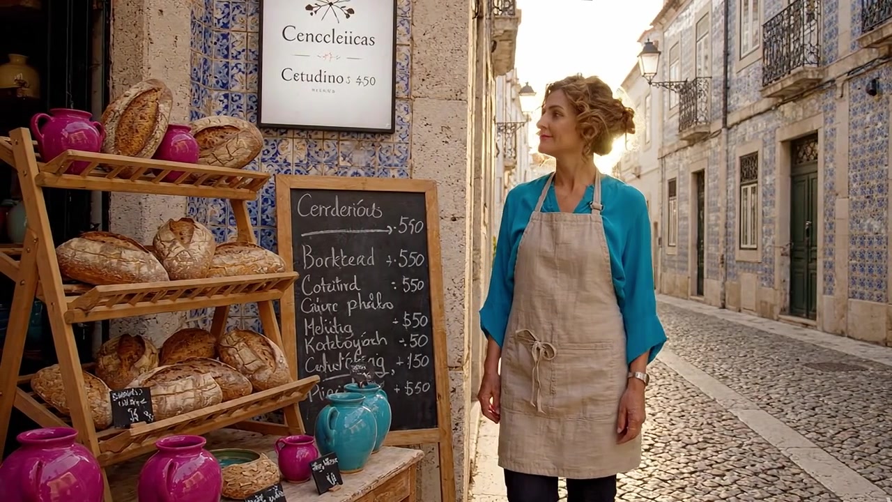 Incantevole scena di panetteria con pane artigianale e ceramiche colorate in un'ambientazione stradale pittoresca al tramonto, che mette in mostra le delizie dei prodotti da forno e della cultura locale.