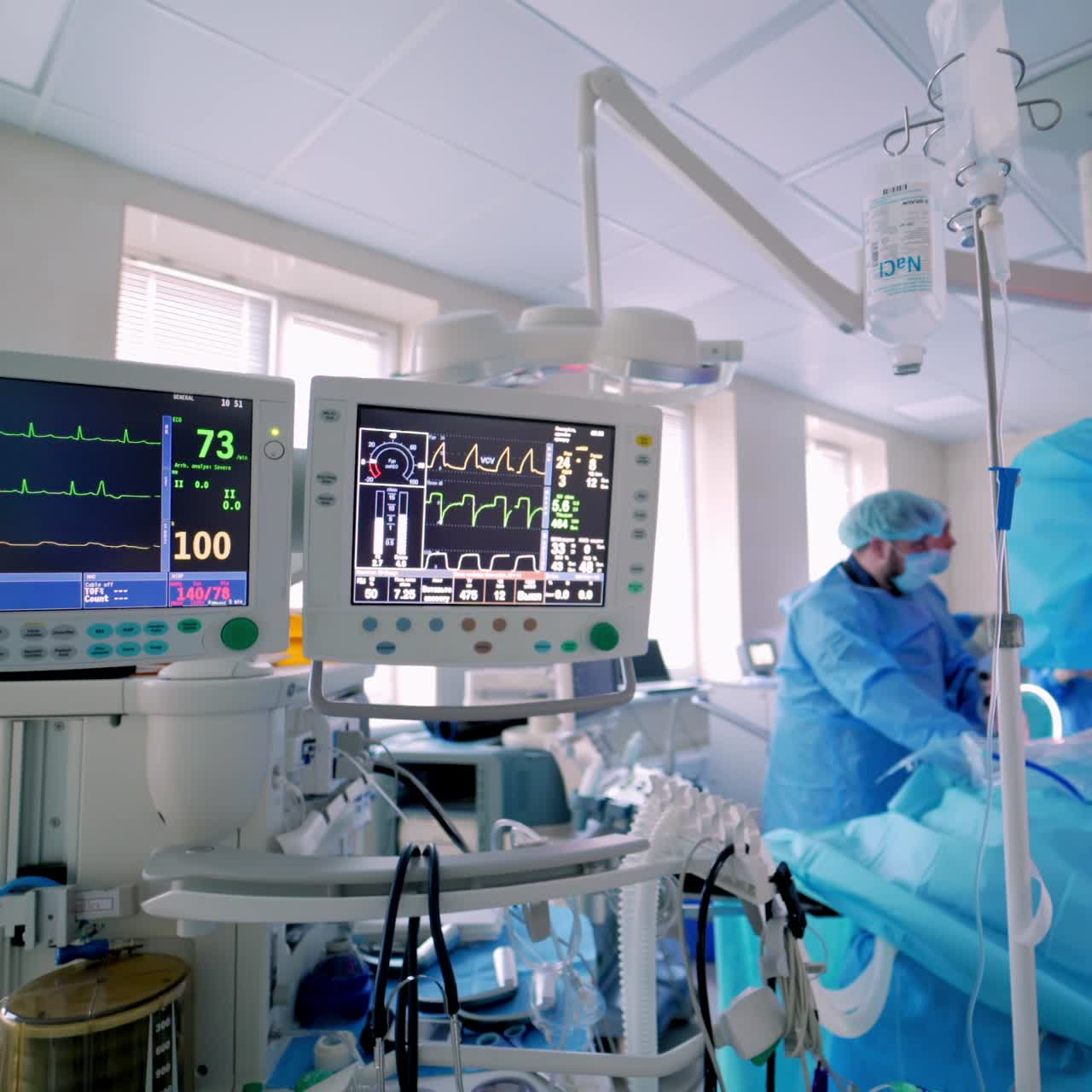 Medical monitors on surgery background. Medical vital signs of a patient on monitor. Anesthesia surgery monitor. Patient's heartbeat on the screen in hospital theater.