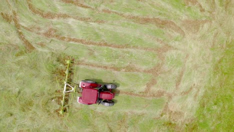 isolated modern red lawn mower cutting grass in green field