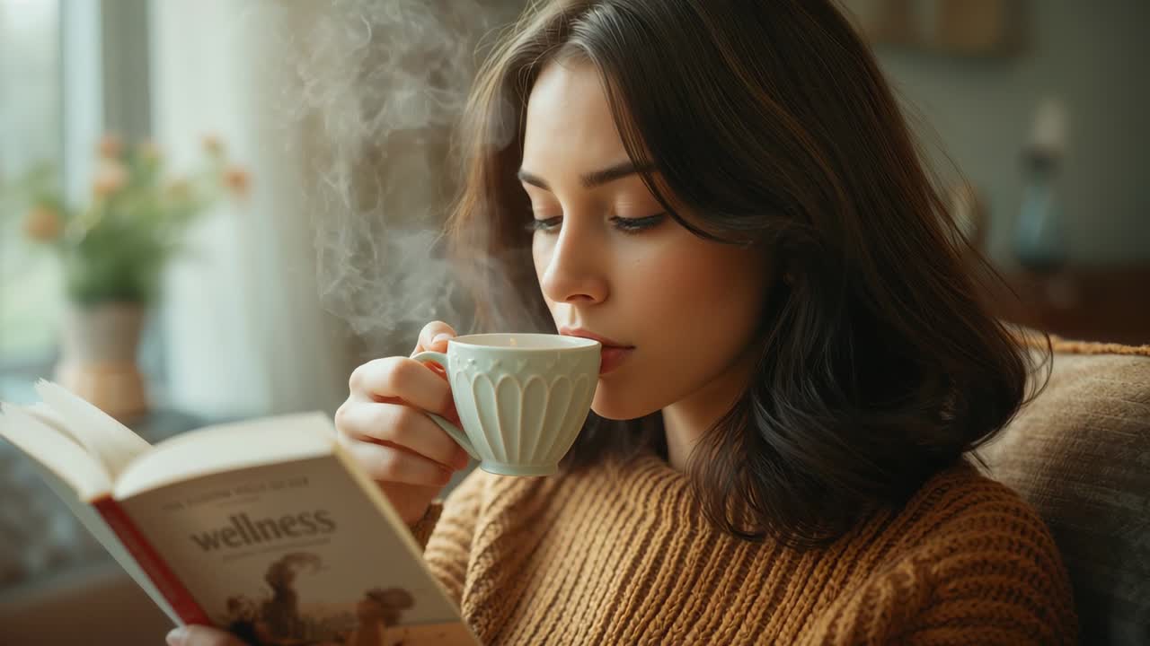 Inquadratura iniziale che mostra una donna che alza una tazza, sorseggia e legge un libro sul benessere su un divano vicino alla finestra