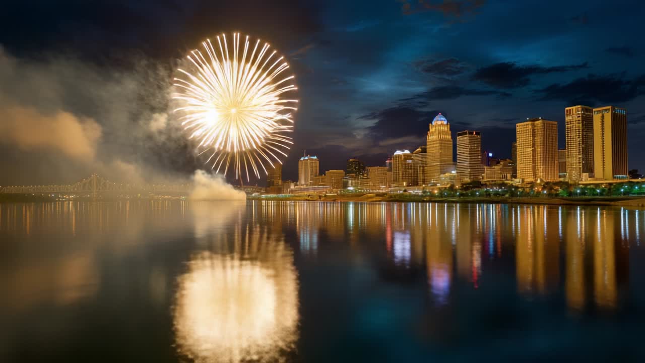 A Spectacular Night Scene Featuring Vibrant Fireworks Exploding Over a Serene River in Front of a Dazzling City Skyline Illuminated by Twinkling Lights and Reflective Waters on a Calm Evening