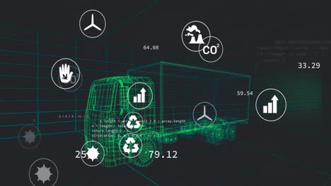 Animation-Mehrerer-Digitaler-Symbole-über-Einem-3D-Lkw-Modell-In-Nahtloser-Muster--Und-Datenverarbeitung