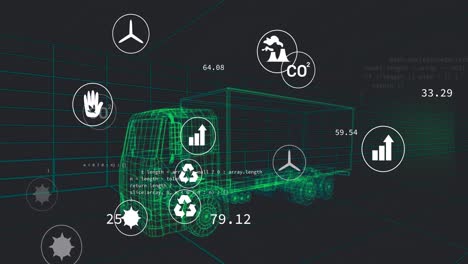 animation of multiple digital icons over 3d truck model in seamless pattern and data processing