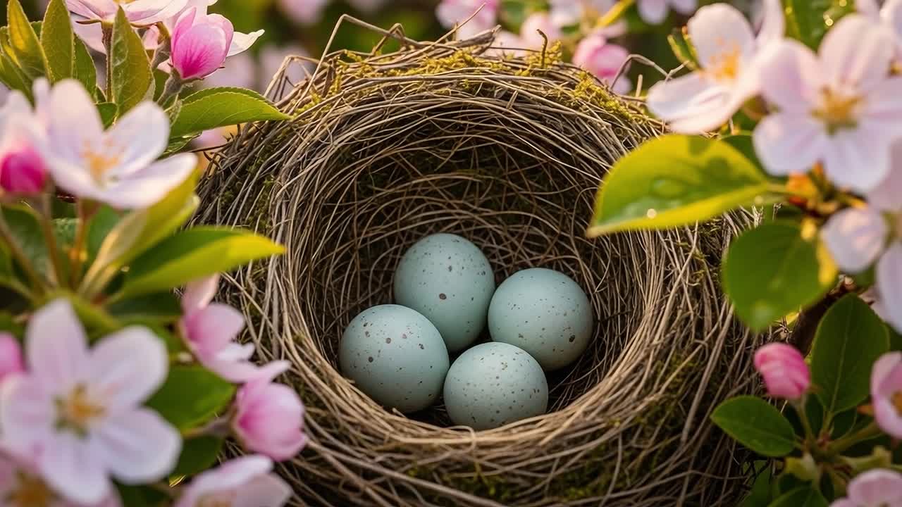 A Serene Nesting Scene: Showcasing Four Speckled Eggs Surrounded by Delicate Blossoms in a Natural Spring Setting