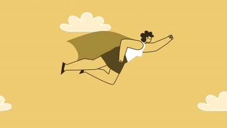 yellow style woman flat character superhero flies out of smartphone. isolated loop animation with alpha channel