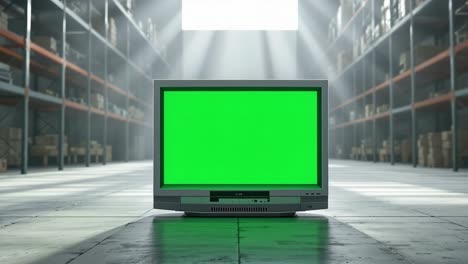Vintage television set displaying a green screen is positioned in a spacious warehouse, surrounded by shelves filled with boxes, illuminated by beams of natural light creating a dramatic atmosphere