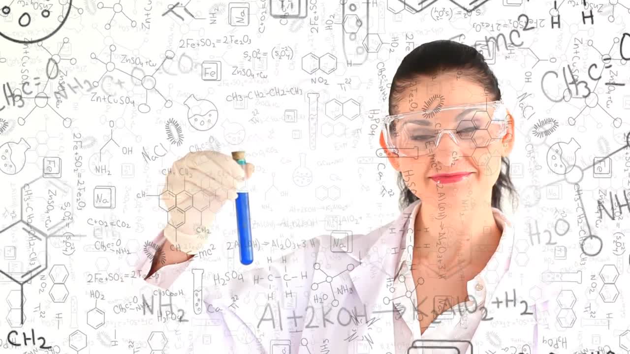 animación de ecuaciones matemáticas flotantes e iconos sobre una científica que sostiene una sonda