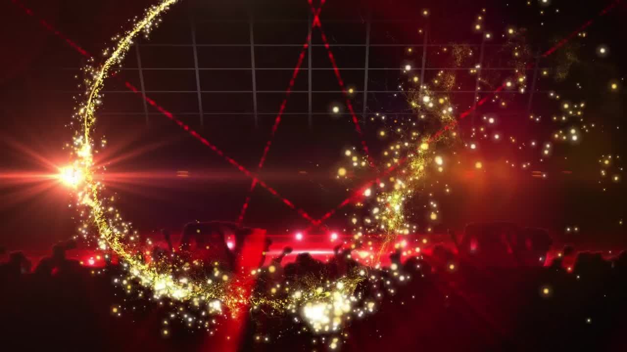 움직이는 불과 떨어지는 별과 함께 파티에서 춤을 추는 사람들의 애니메이션