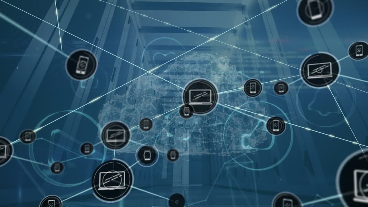 Animation of network of connections with icons over servers
