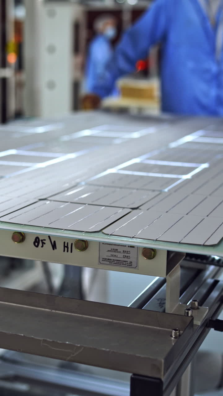 Producing process of solar panel. Automated technology of producing solar cells. Ready solar panel on the board on a modern factory background. Vertical video