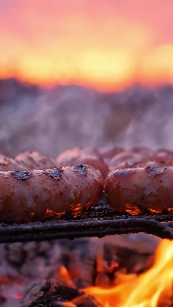 Delizioso processo di grigliatura: Salsicce succulente su un barbecue in un'atmosfera di tramonto incandescente con colori vivaci e fumo che sale sullo sfondo.