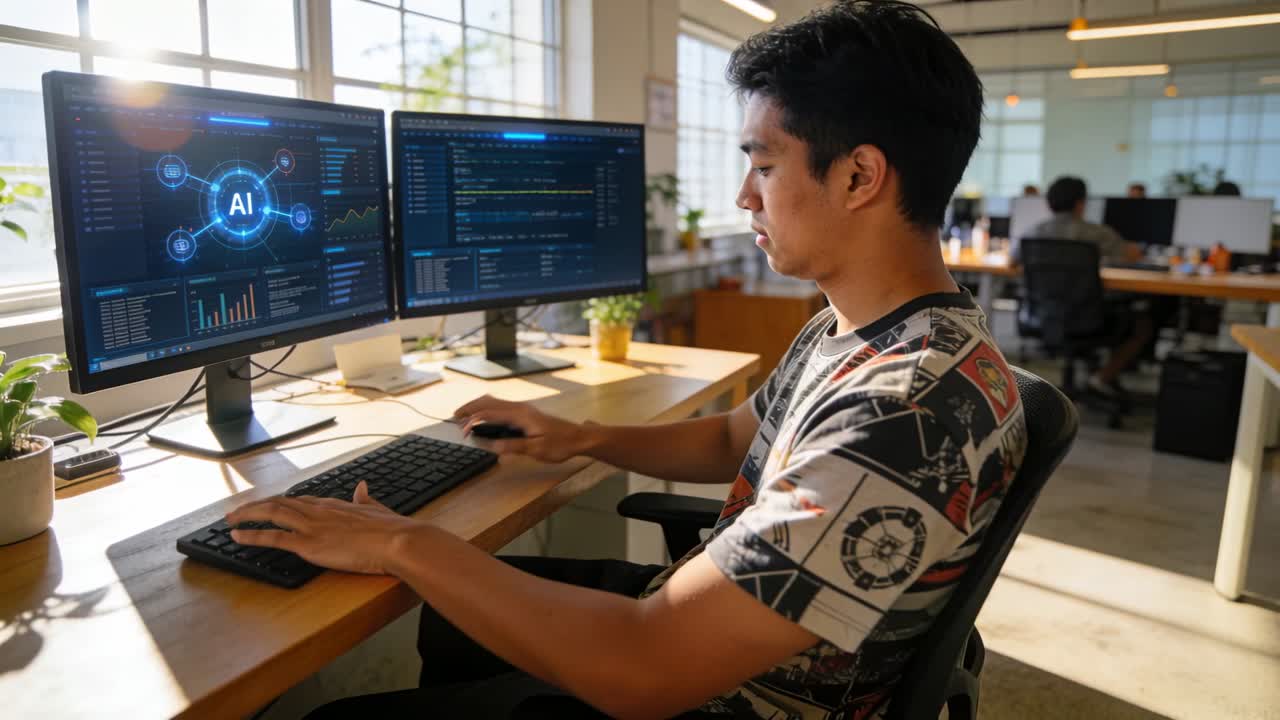 Typing Asian dev wearing tee at office desk studying AI while sunlight streaming over screens
