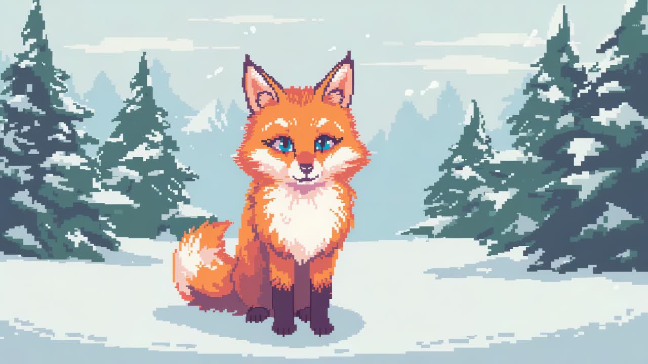 Fotogrammi avanzati che mostrano una volpe rossa in pixel art che sbatte le palpebre, muove la testa e si ferma in una radura innevata