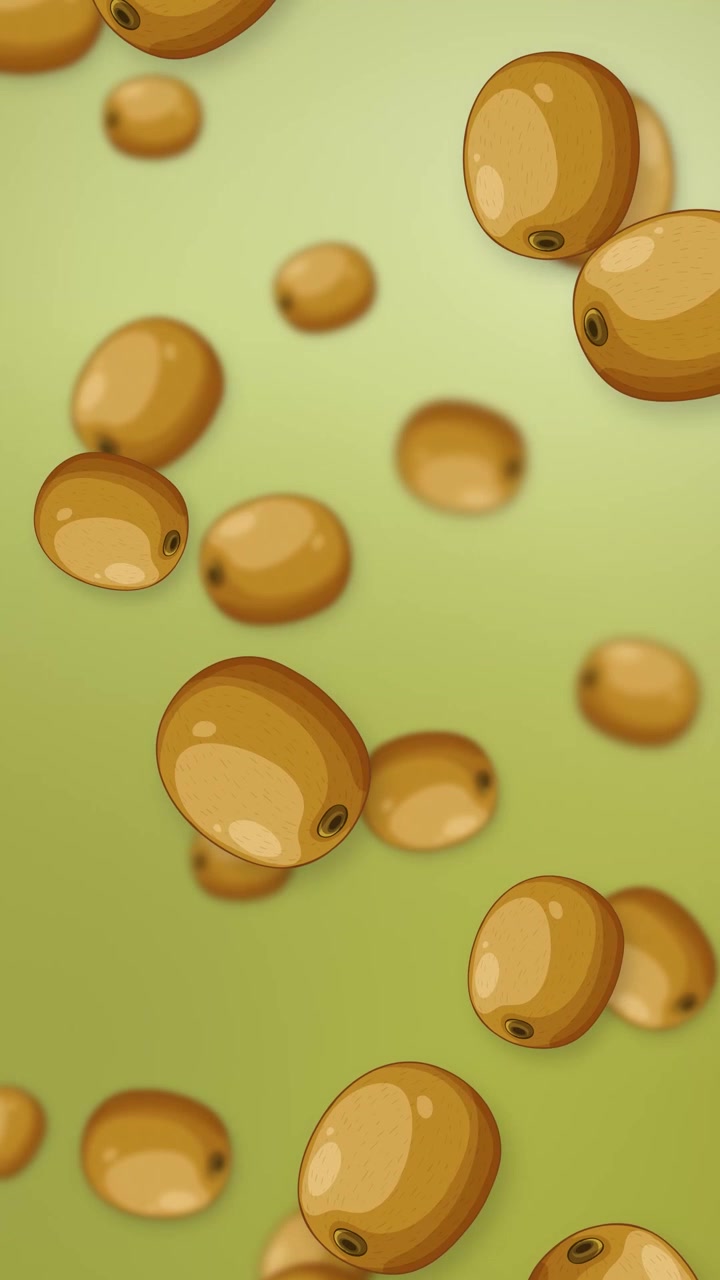 Kiwi interi animati cadono continuamente su uno sfondo a maglie sfumate di verde tenue in orientamento verticale.