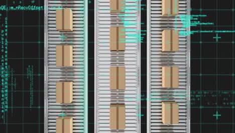 animation of data processing over cardboard boxes on conveyor belts