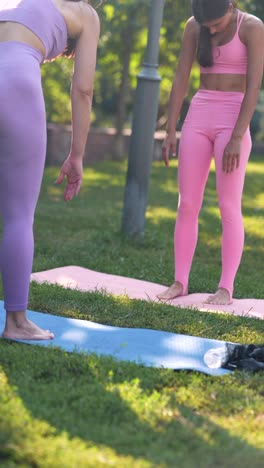 dos mujeres practicando yoga al aire libre