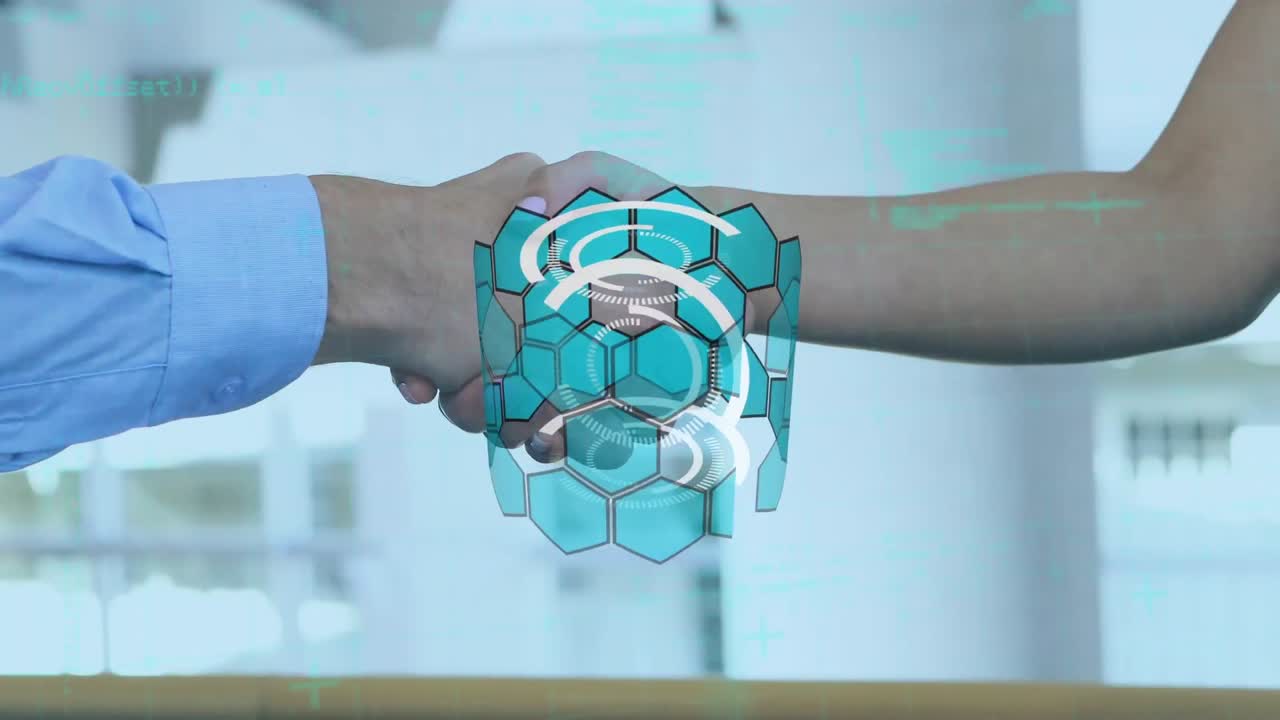 animación de escaneo de alcance y procesamiento de datos sobre personas que se dan la mano