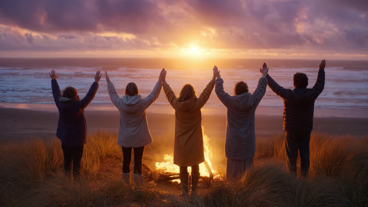 A Group of Friends at Sunset by the Beach Embracing Nature and Community Around a Warm Campfire, Creating Lasting Memories Together in a Serene Setting