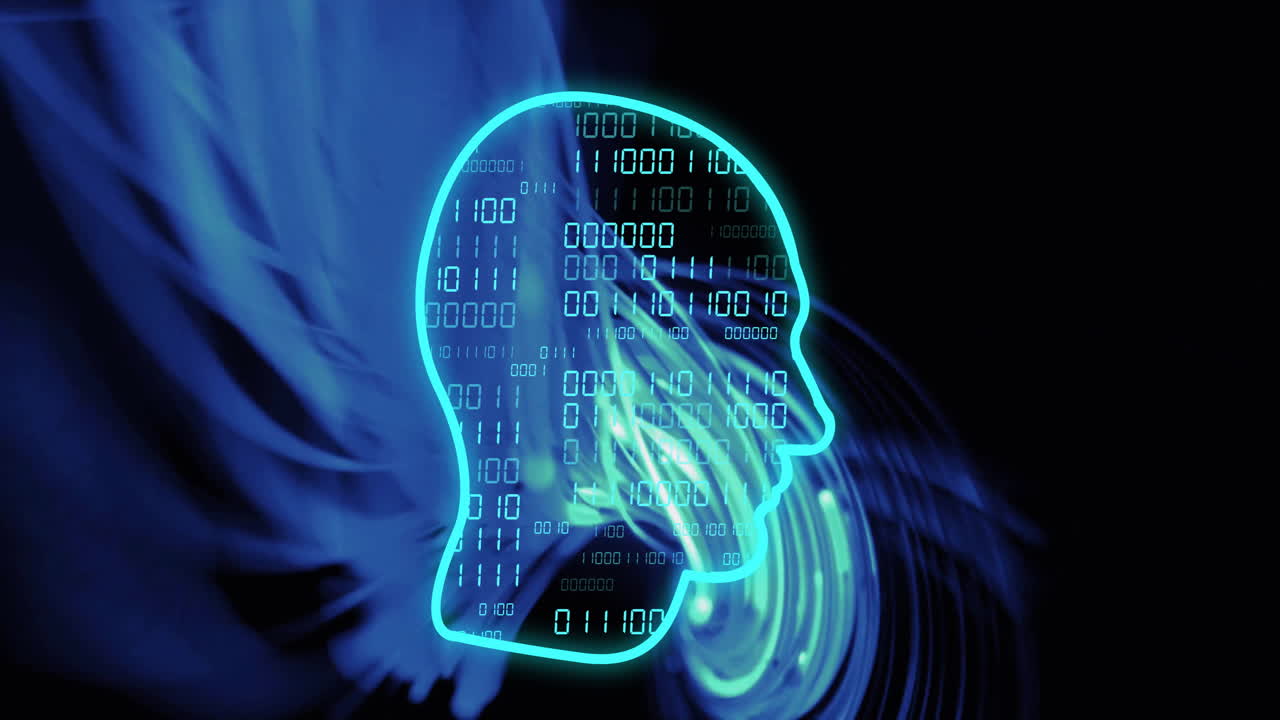 animación de la silueta de la cabeza con procesamiento de datos sobre rastros de luz sobre fondo negro