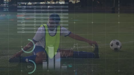 Animation-of-graphs-and-financial-data-over-biracial-female-soccer-player-stretching