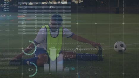 animation of graphs and financial data over biracial female soccer player stretching