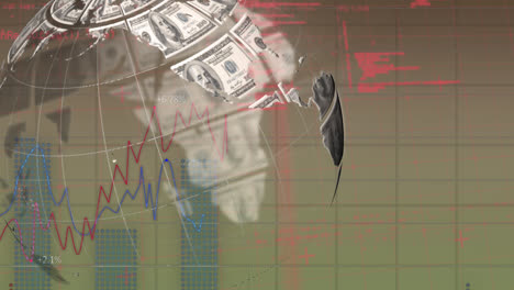 animation of globe made of dollars and financial graphs on green background