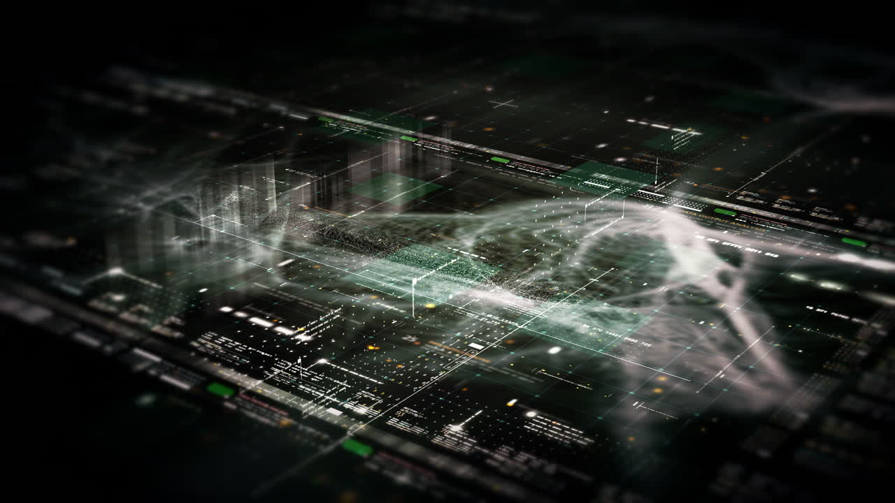 Futuristic abstract de-focus flowing data matrix, meta, metaverse, telemetry and encrypt numbers display with particles simulation in cyber space environment for head up display background