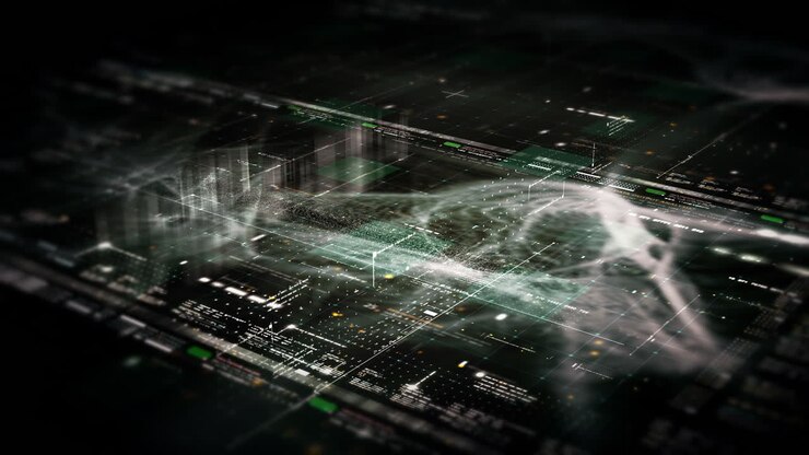 Futuristic abstract de-focus flowing data matrix, meta, metaverse, telemetry and encrypt numbers display with particles simulation in cyber space environment for head up display background