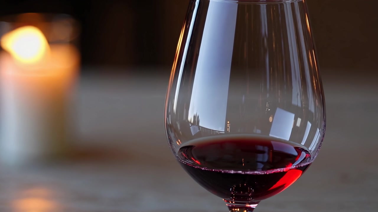 Primo Piano di Vino Rosso in un Bicchiere con Luce di Candela