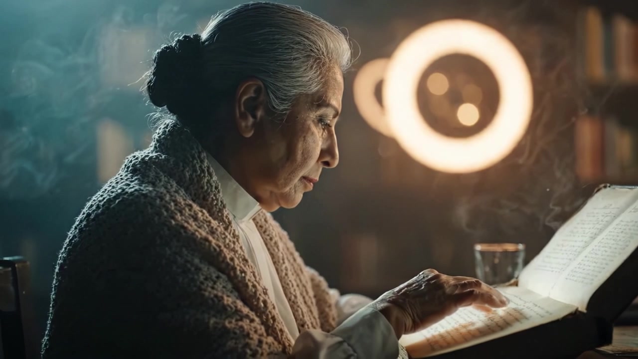 A contemplative elderly woman engrossed in reading an ancient book, surrounded by a soft glow and an atmospheric setting, reflecting wisdom and tranquility.