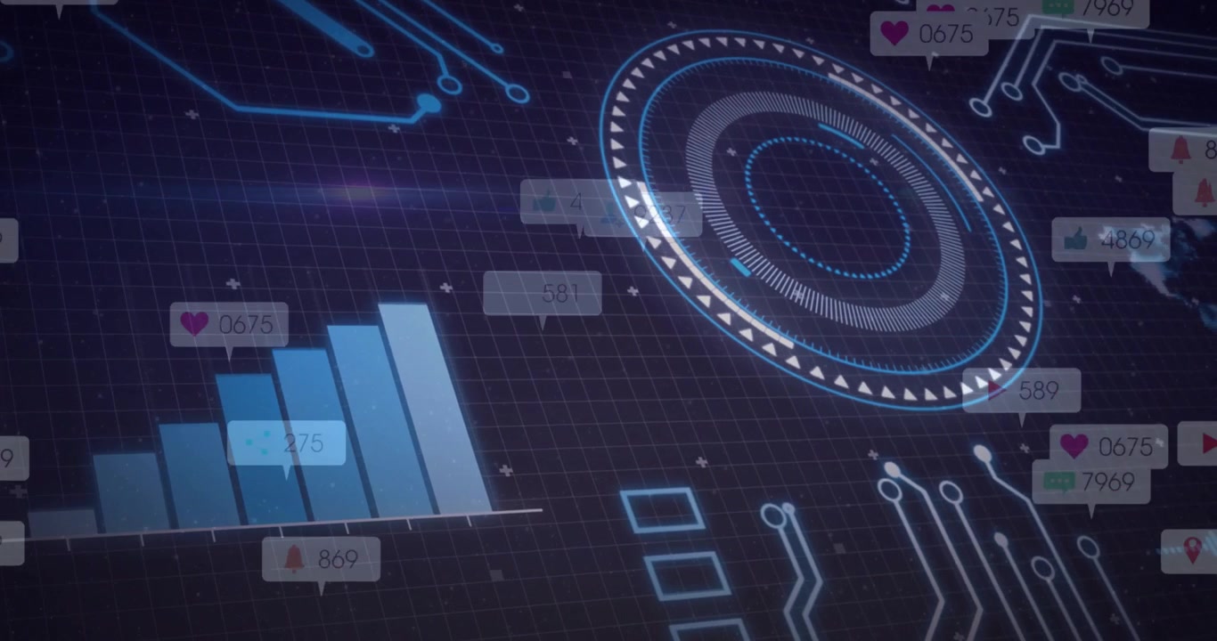 Grid loading initiating HUD fading while bar chart columns growing and visualizing live metrics