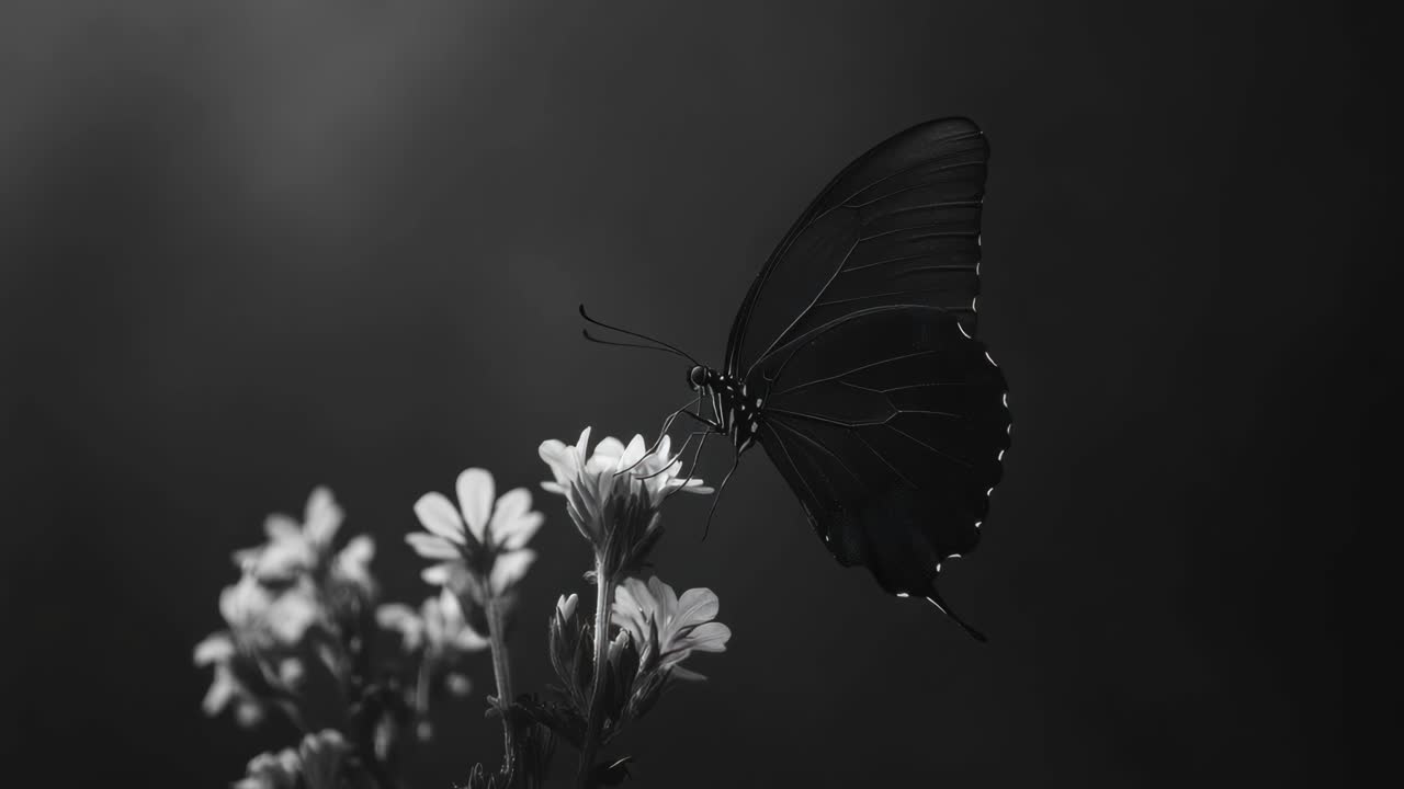A monochrome close-up video of a butterfly perched on flowers, captured from a side angle