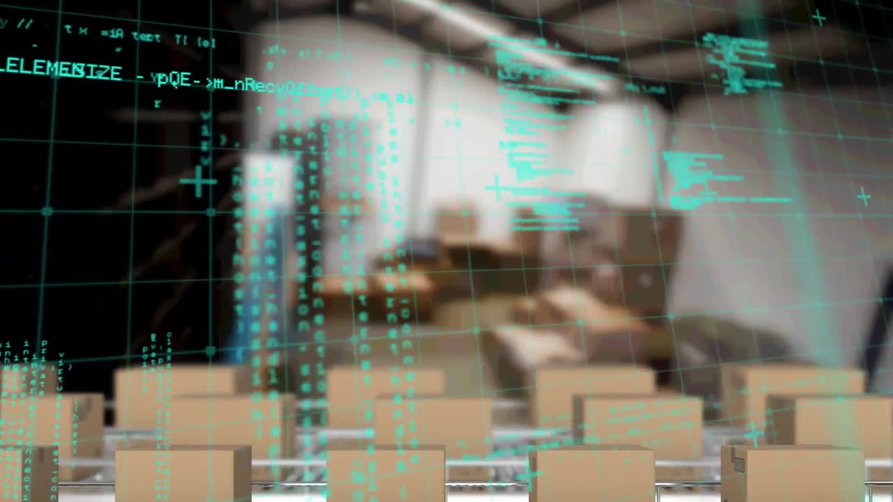 animación del procesamiento de datos sobre cajas de cartón en cintas transportadoras en el almacén