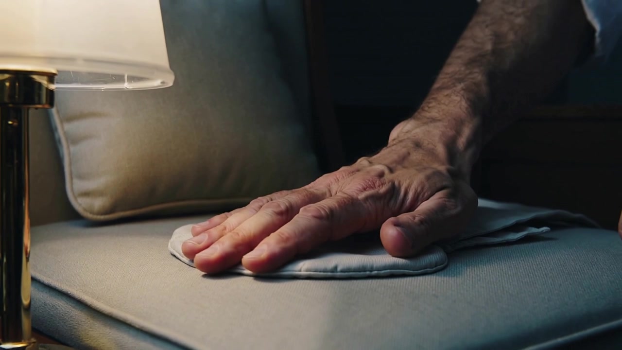 Opening pouch, senior hands lifting round pad smoothing on sofa, adding pad, lamp and cuff visible