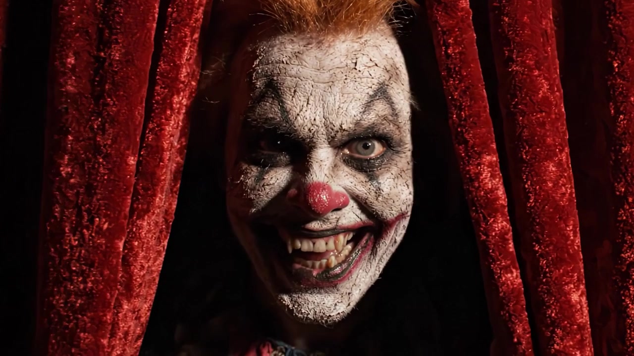A Chilling Encounter: The Transformation from Velvet Curtains to a Sinister Clown Reveals the Dark Underbelly of Performance Art and Horror Imagery