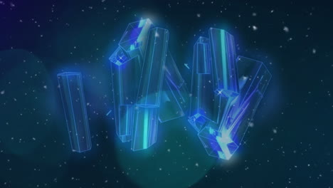 animación de un grupo brillante de formas brillantes con partículas blancas y luces bokeh azules, en negro