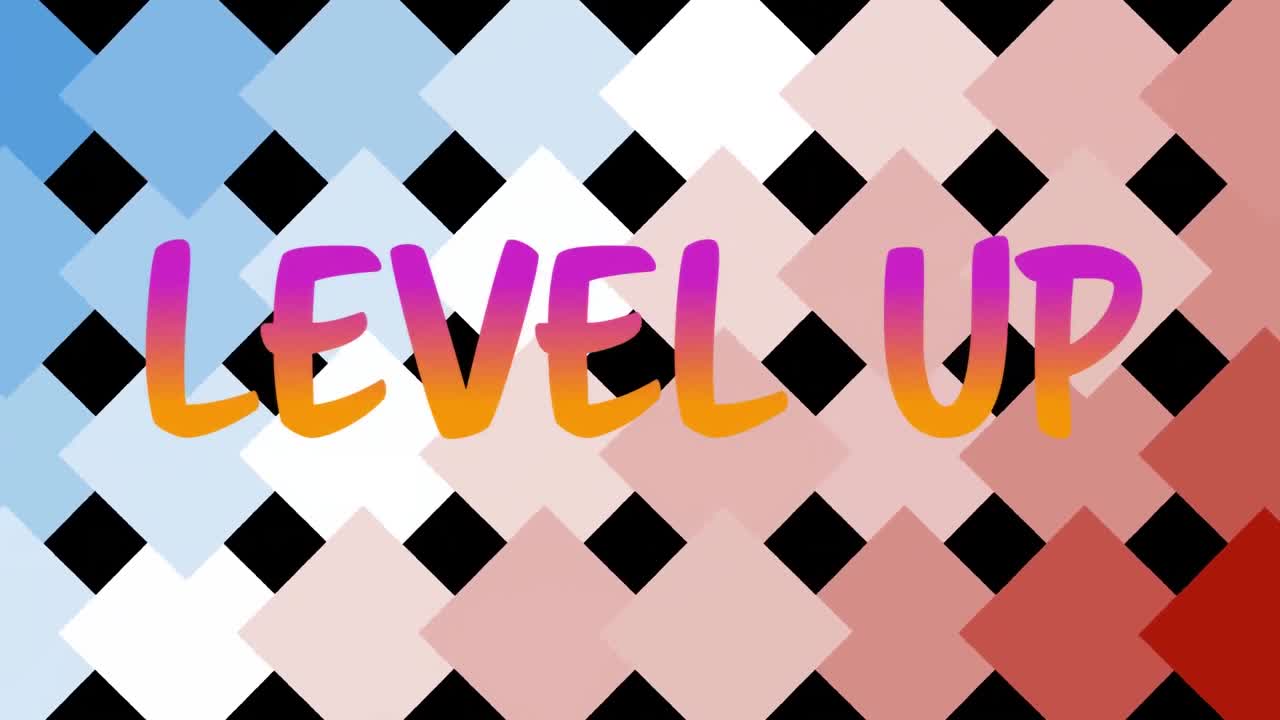 animación de texto de nivel en fondo con patrones rojos y azules