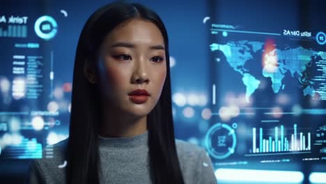 a focused individual engaging with futuristic technology and data analysis in a high-tech environment, symbolizing innovation and modern communication