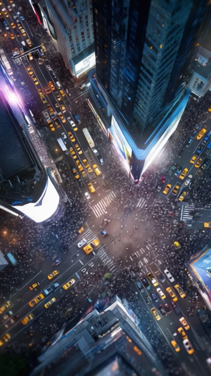 Aerial View of a Bustling City Intersection with Pedestrians and Yellow Taxis Under Neon Lights in a Vibrant Urban Landscape at Night