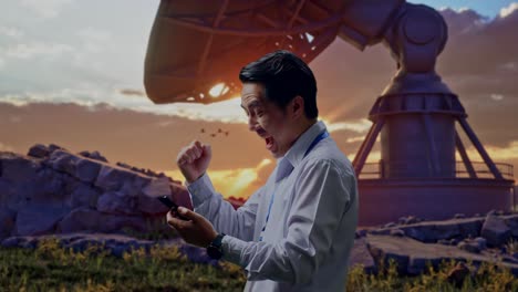 side view of an asian male professional worker with his smartphone with large satellite dish, he raises his fist up with screaming goal after check on the smartphone