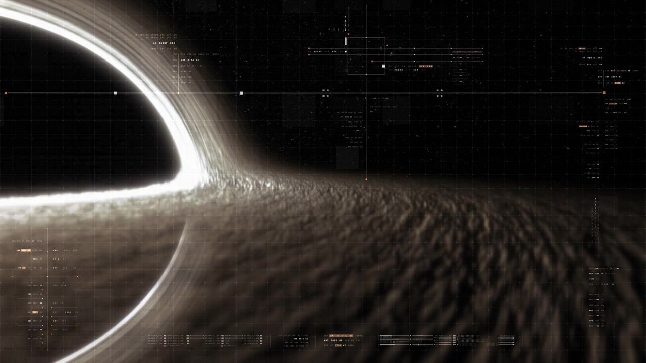 Buco nero supermassiccio, orizzonte degli eventi, disco di accrescimento dorato, lente gravitazionale, spazio-tempo distorto, plasma vorticoso, stelle dello spazio profondo, cosmo cinematografico, concetto di astrofisica, HUD