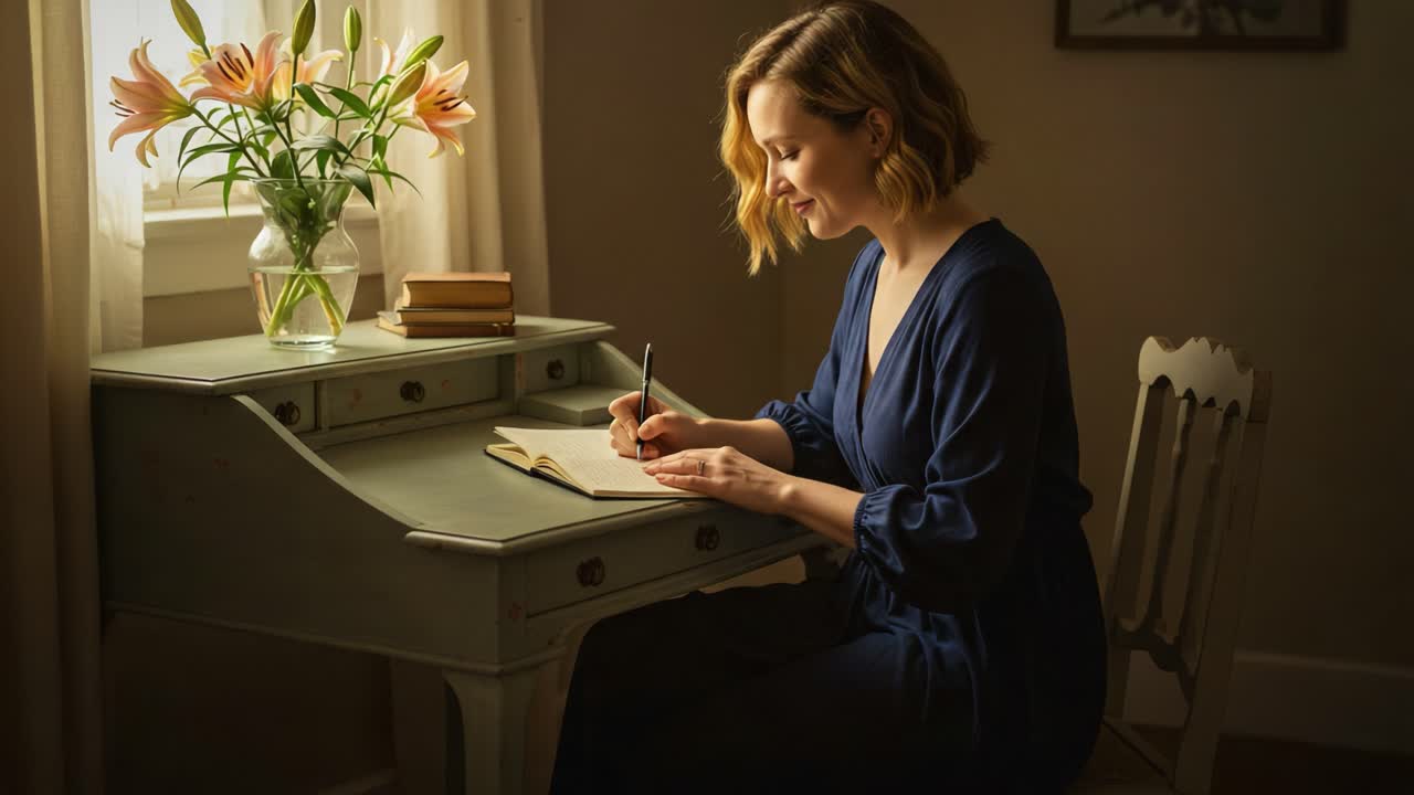 A Serene Moment of Reflection: Capturing the Essence of Creativity and Tranquility as a Woman Engages in Writing at Her Charming Desk by the Window