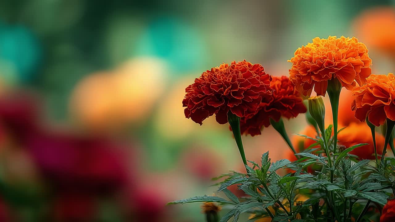 Flores vibrantes de calêndula em meio a um fundo exuberante de cores suaves, capturando a essência da beleza da natureza e o esplendor floral em um cenário tranquilo