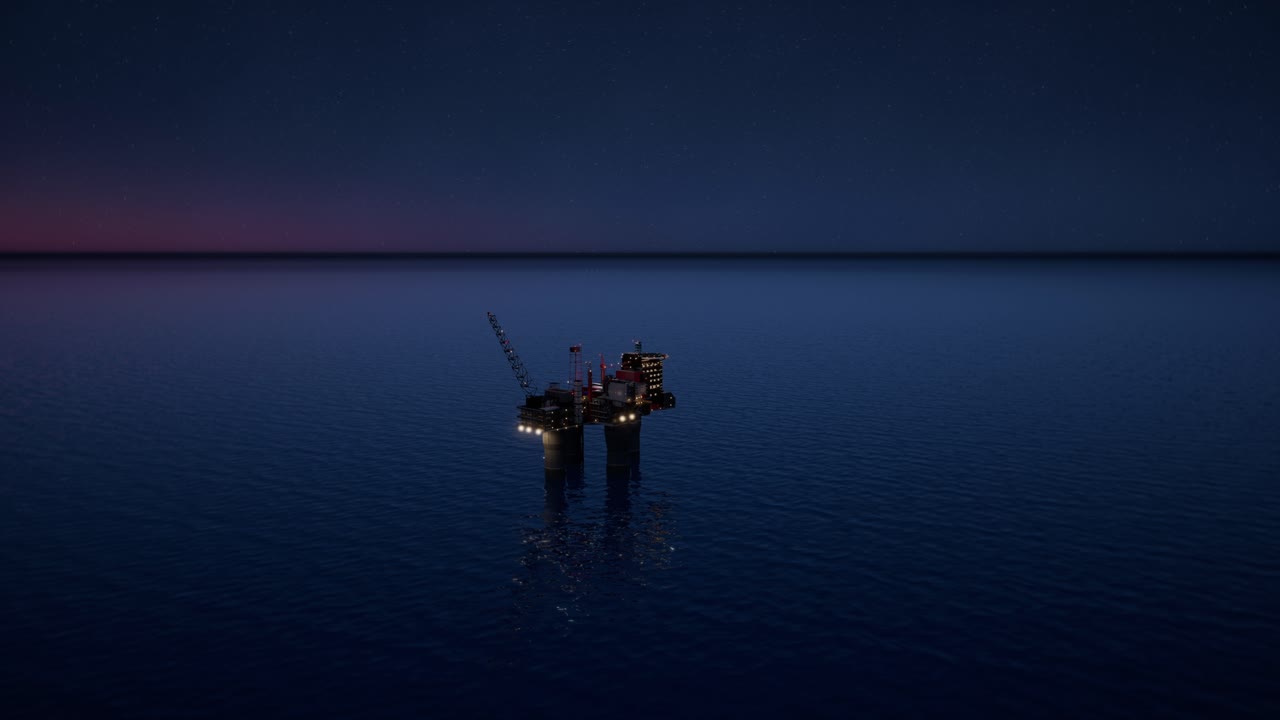 아름다운 밤 하늘에서 바다에서 해상 석유 및 가스 플랫폼. 바다에서 원유 생산을 잭 업