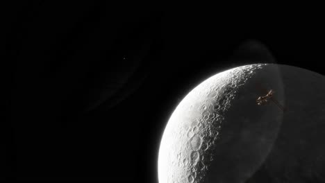 a space station modeled after the future nasa lunar gateway passes in front of the moon with beautiful lens flares in this stylistic science fiction concept animation