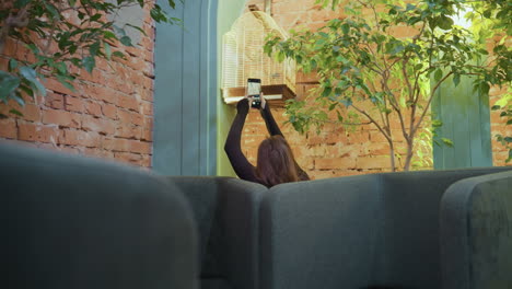 woman seated behind green sofa holds phone above head to photograph bird flapping inside cage mounted on rustic brick wall, surrounded by leafy indoor plants and warm ambient lighting in cozy interior
