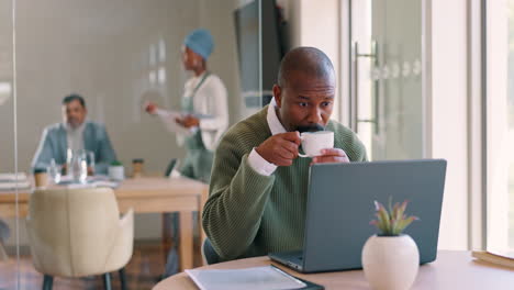 african businessman, coffee and laptop in office