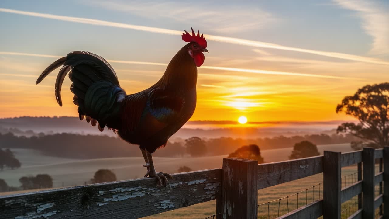 Majestic Rooster Perched on a Wooden Fence at Dawn, Illuminated by the Soft Glow of a Rising Sun Against a Misty Landscape