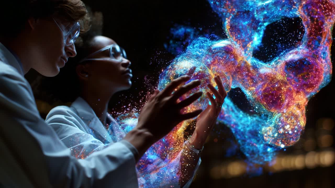 Exploring the Wonders of Cosmic Chemistry: Two Scientists Collaborate in a Stunning Visualization of Galactic Formations and Molecular Structures in a Dark Laboratory Environment